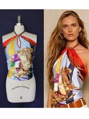 Ralph Lauren equestrian Polo horse halter silk scarf leather tunic dress top XS